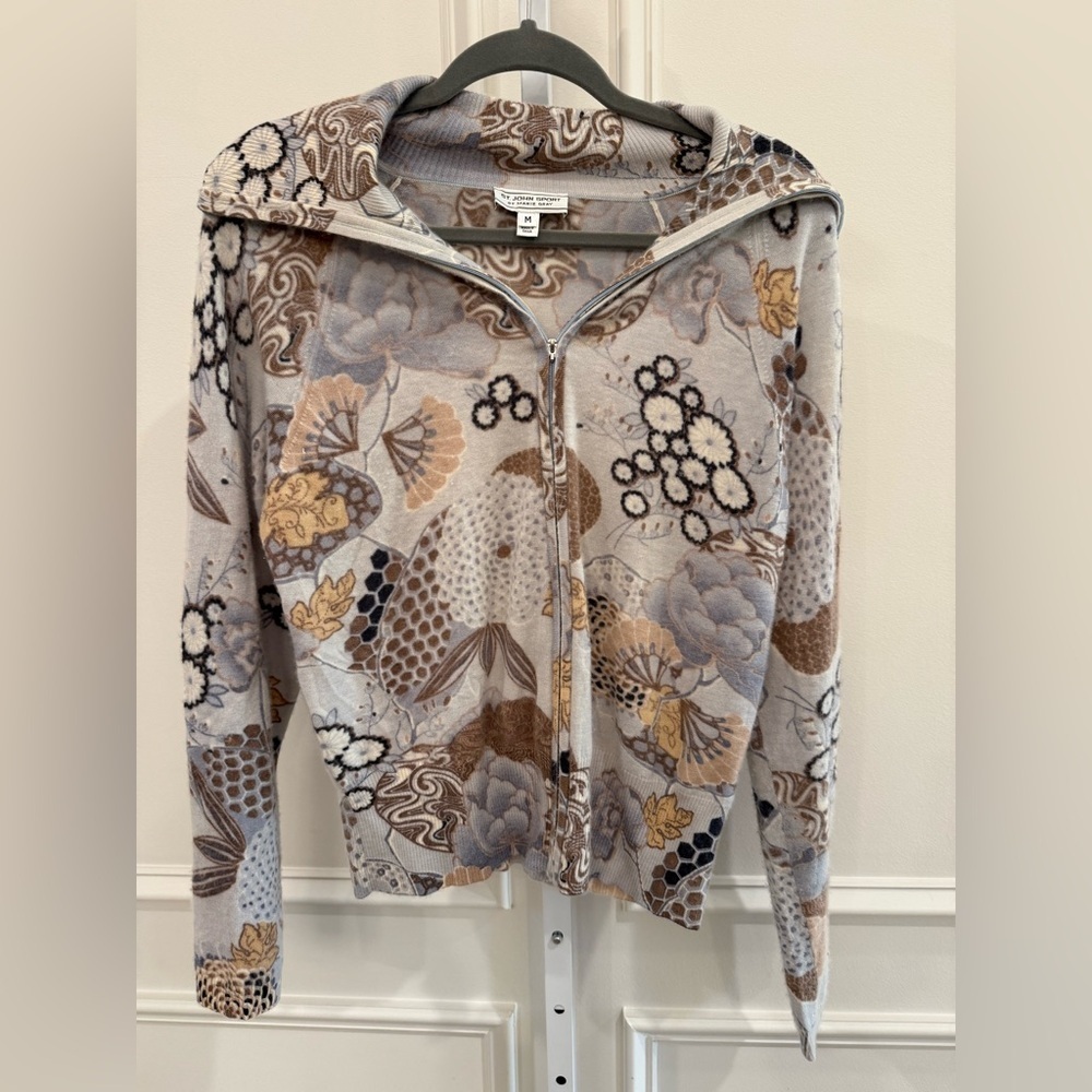 St. John Sport by Marie Gray 100% Cashmere Abstract Pattern Zip-Up Sweater